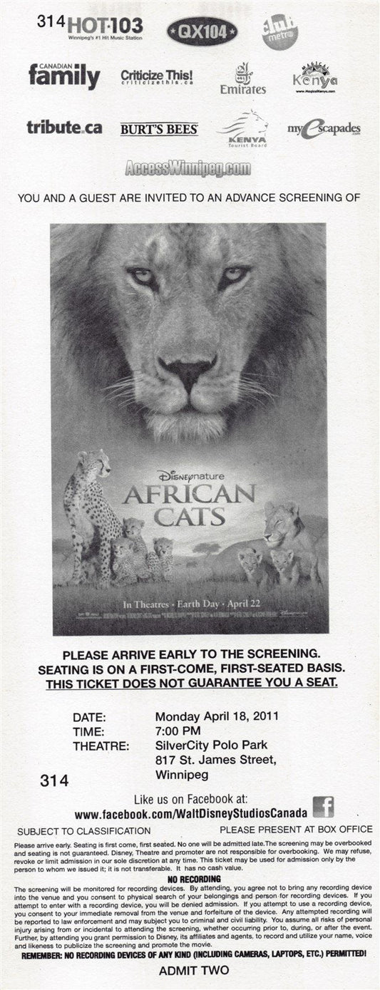 Disney Nature AFRICAN CATS premiere ticket 2011