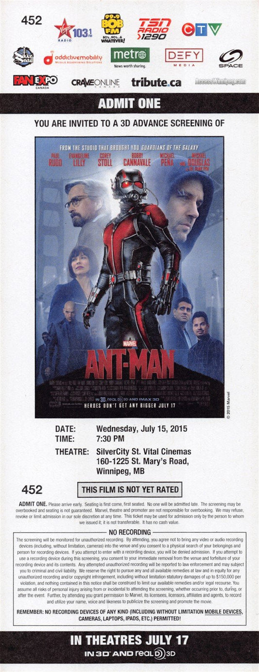 Paul Rudd ANT-MAN Evangeline Lilly Michael Douglas premiere ticket 2015