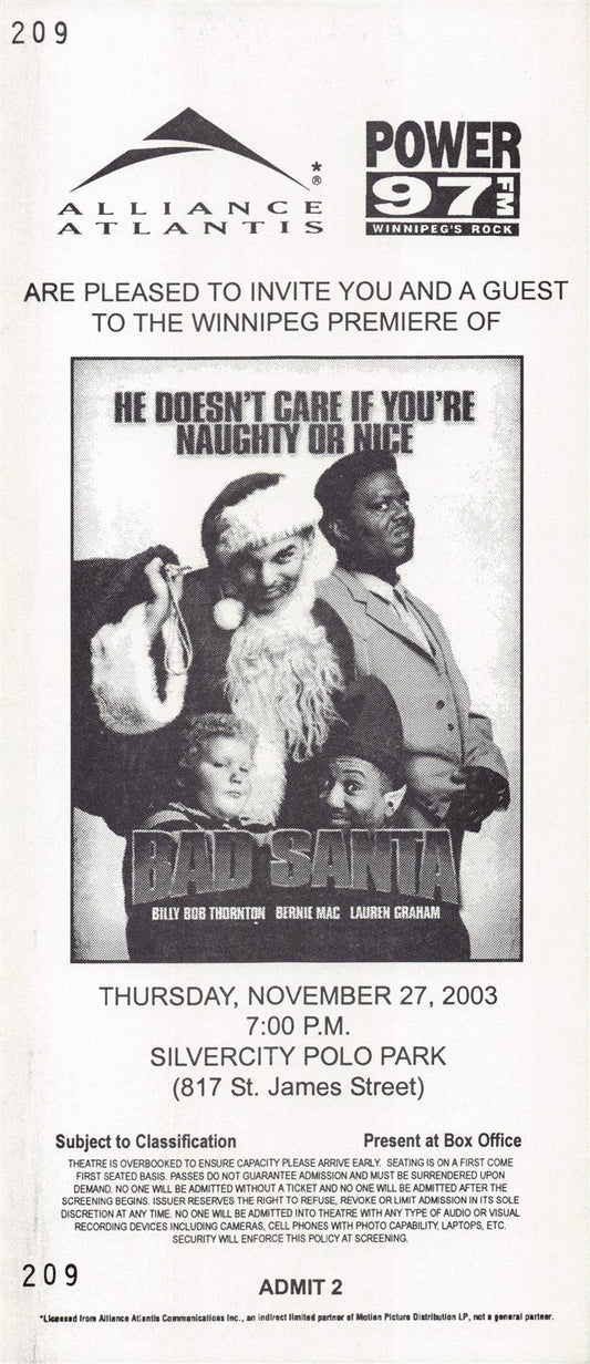 Billy Bob Thornton BAD SANTA Bernie Mac premiere ticket 2003