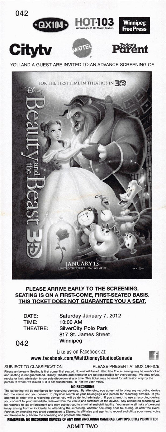 Disney BEAUTY AND THE BEAST 3D original premiere ticket 2012