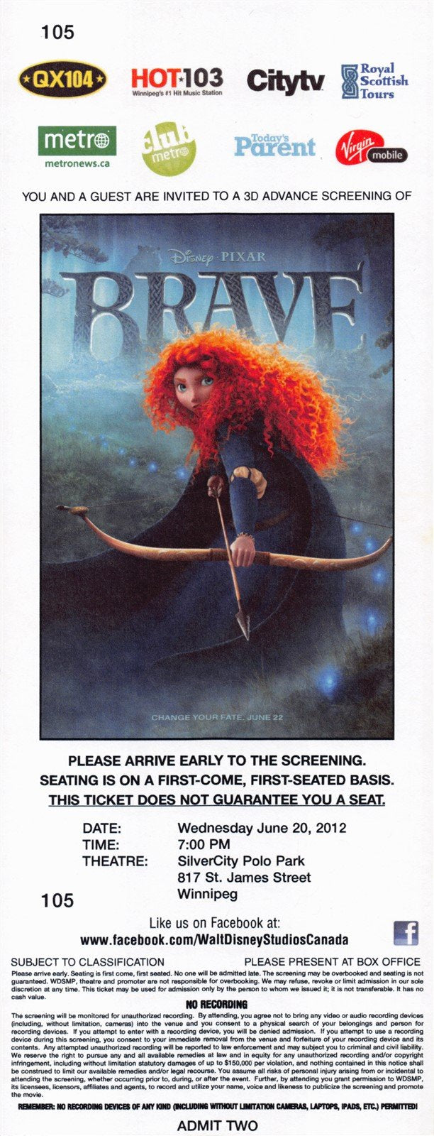 Disney BRAVE original premiere ticket 2012