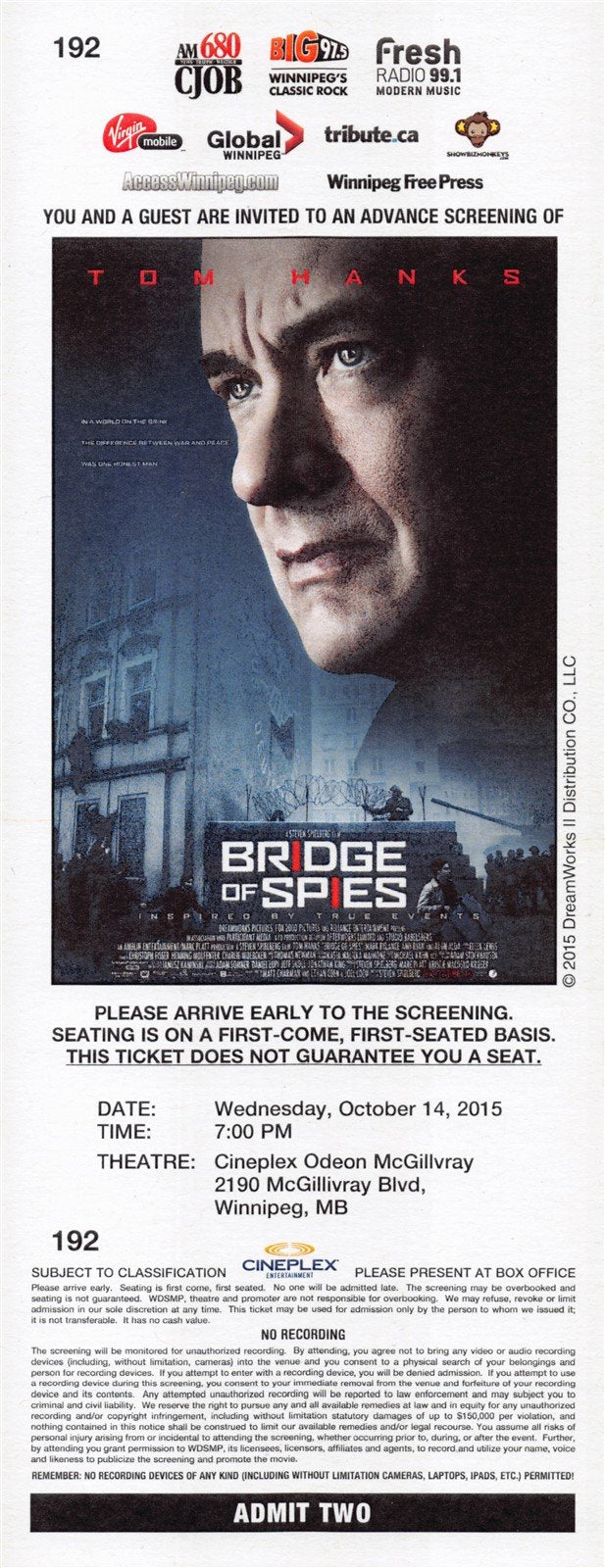 Tom Hanks BRIDGE OF SPIES original premiere ticket 2015