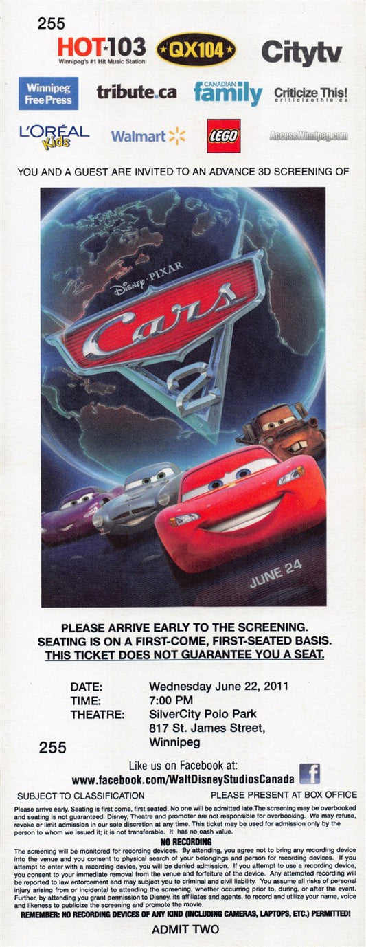 Disney CARS 2 original premiere ticket 2011