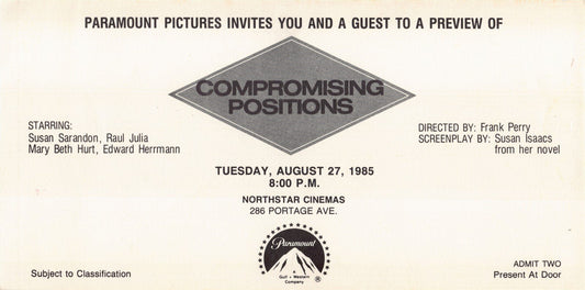 Susan Sarandon COMPRIMISING POSITIONS Raul Julia premiere ticket 1985