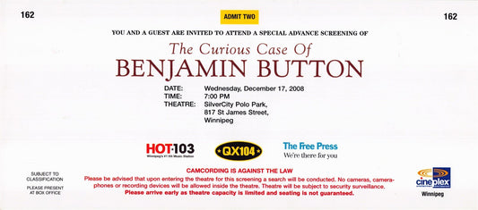 Brad Pitt CURIOUS CASE OF BENJAMIN BUTTON Cate Blanchett premiere ticket 2008