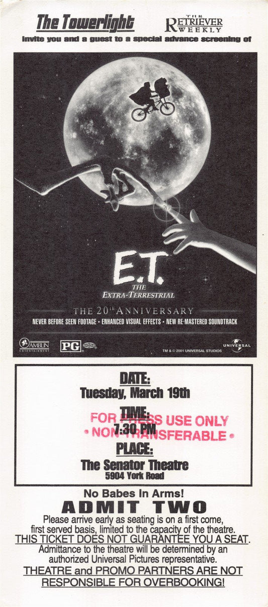 E.T. THE EXTRA-TERRESTRIAL 20TH ANNIVERSARY premiere ticket 2002