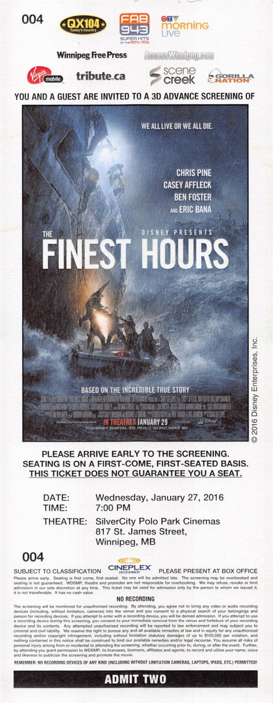 Chris Pine THE FINEST HOURS Casey Affleck Eric Bana premiere ticket 2016