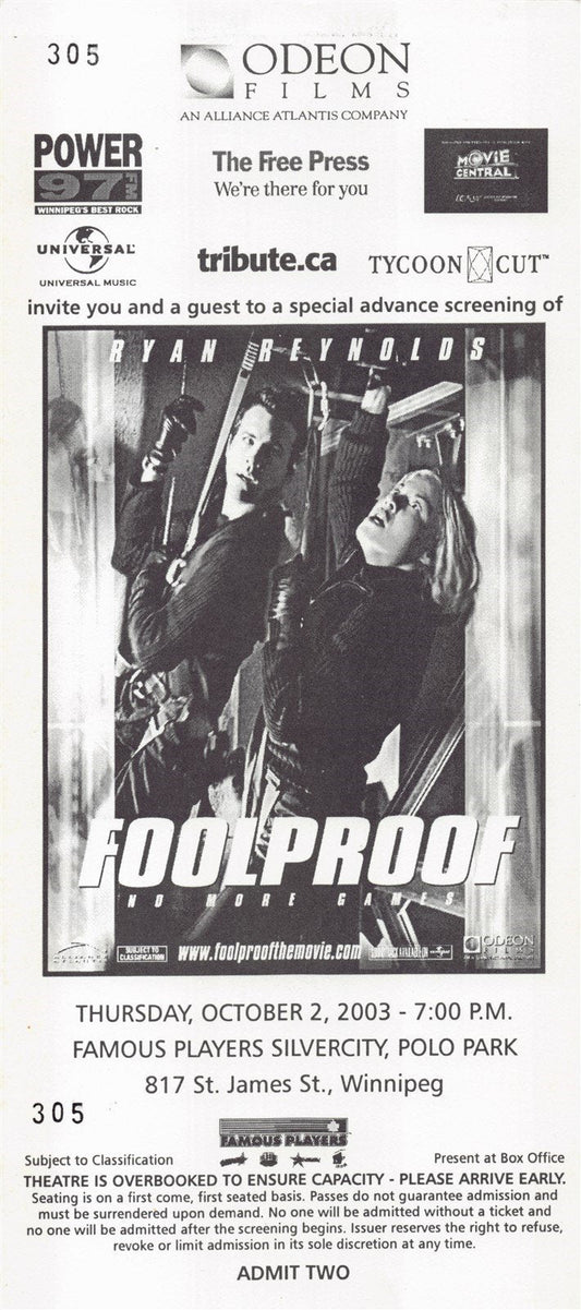 Ryan Reynolds FOOLPROOF premiere ticket 2003