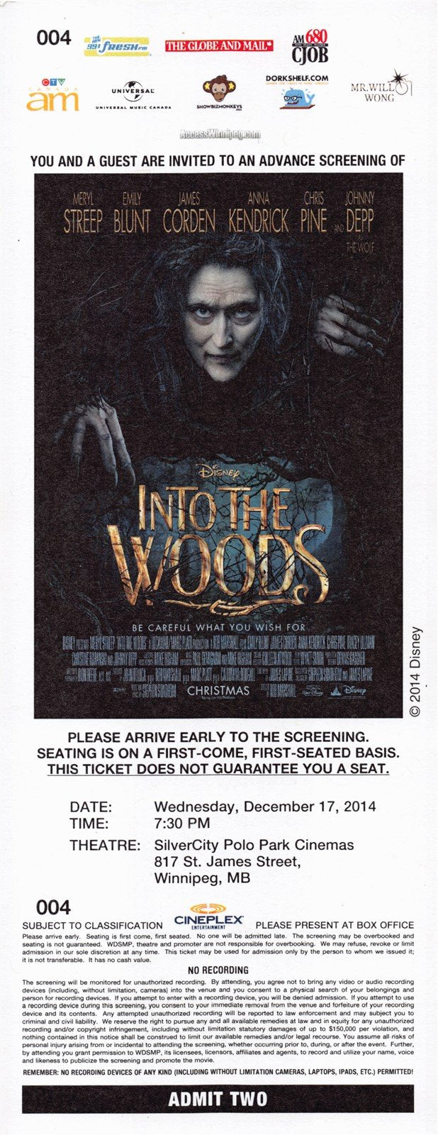 Meryl Streep INTO THE WOODS Emily Blunt Chris Pine original premiere ticket 2014