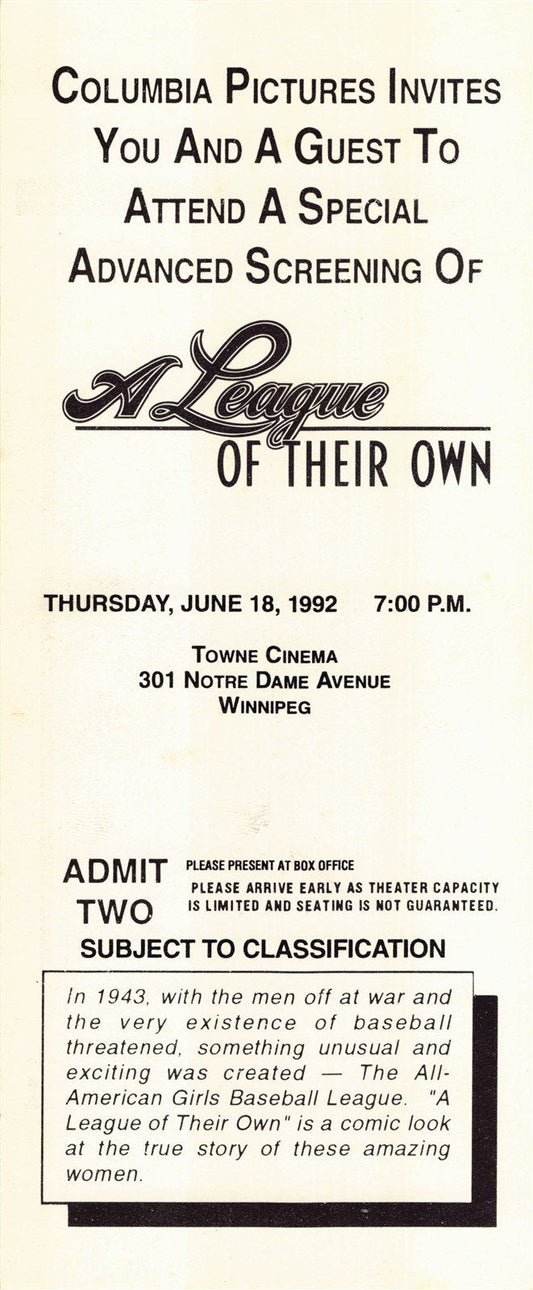 Tom Hanks A LEAGUE OF THEIR OWN Geena Davis Madonna premiere ticket 1992