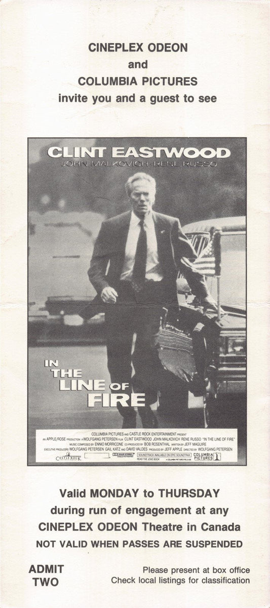 Clint Eastwood IN THE LINE OF FIRE Rene Russo run of engagement ticket 1993