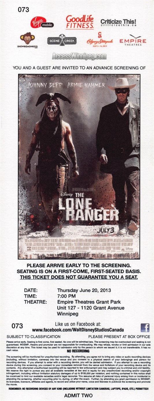 Johnny Depp THE LONE RANGER original premiere ticket 2013