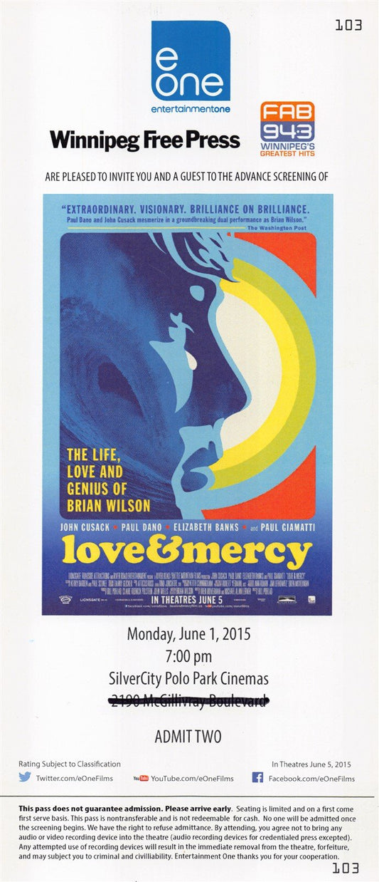 John Cusack LOVE & MERCY Elizabeth Banks premiere ticket 2015 Brian Wilson