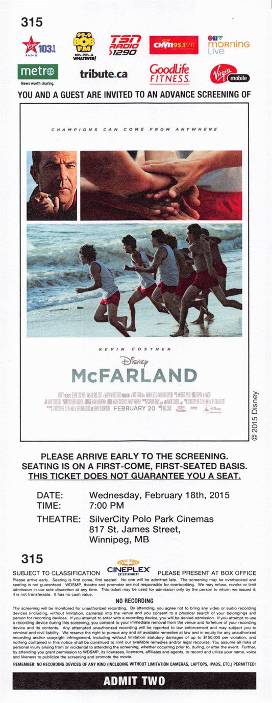 Kevin Costner Disney McFARLAND original premiere ticket 2015