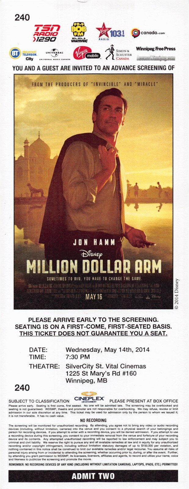 Jon Hamm MILLION DOLLAR ARM original premiere ticket 2014