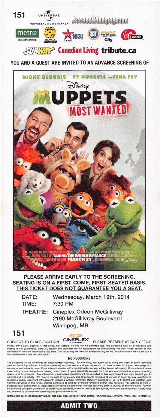 Tina Fey MUPPETS MOST WANTED Ricky Gervais original premiere ticket 2014