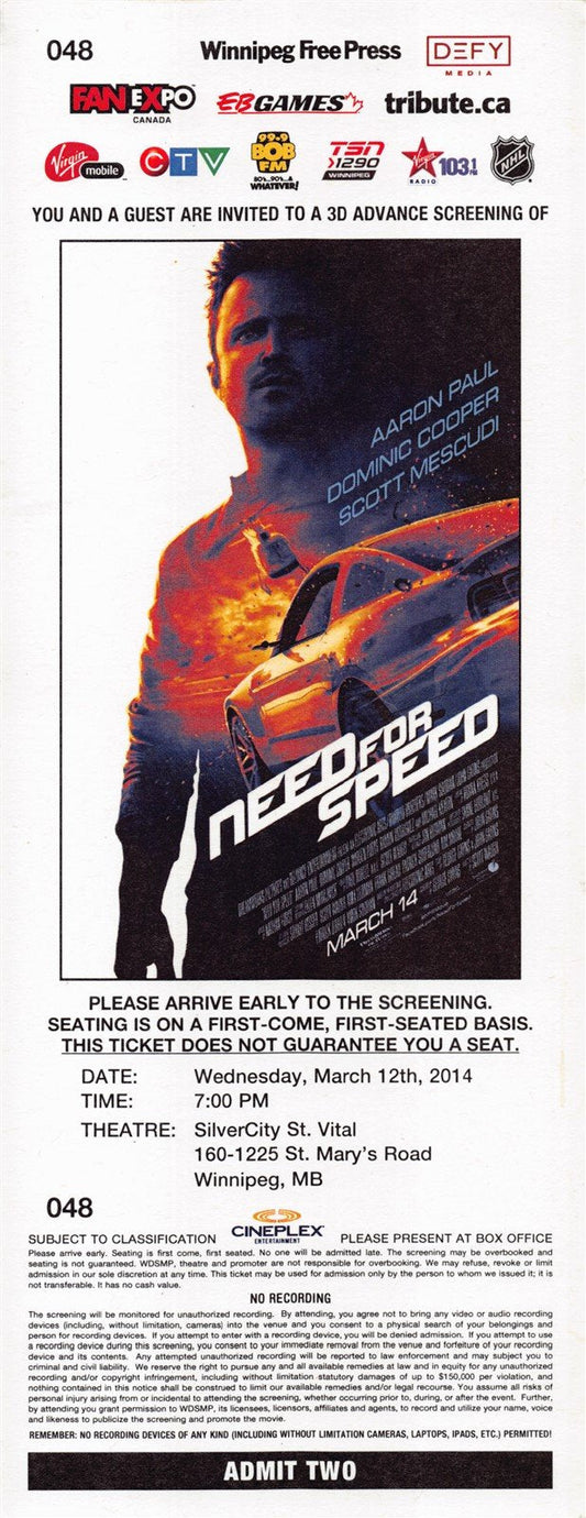 Aaron Paul NEED FOR SPEED original premiere ticket 2014