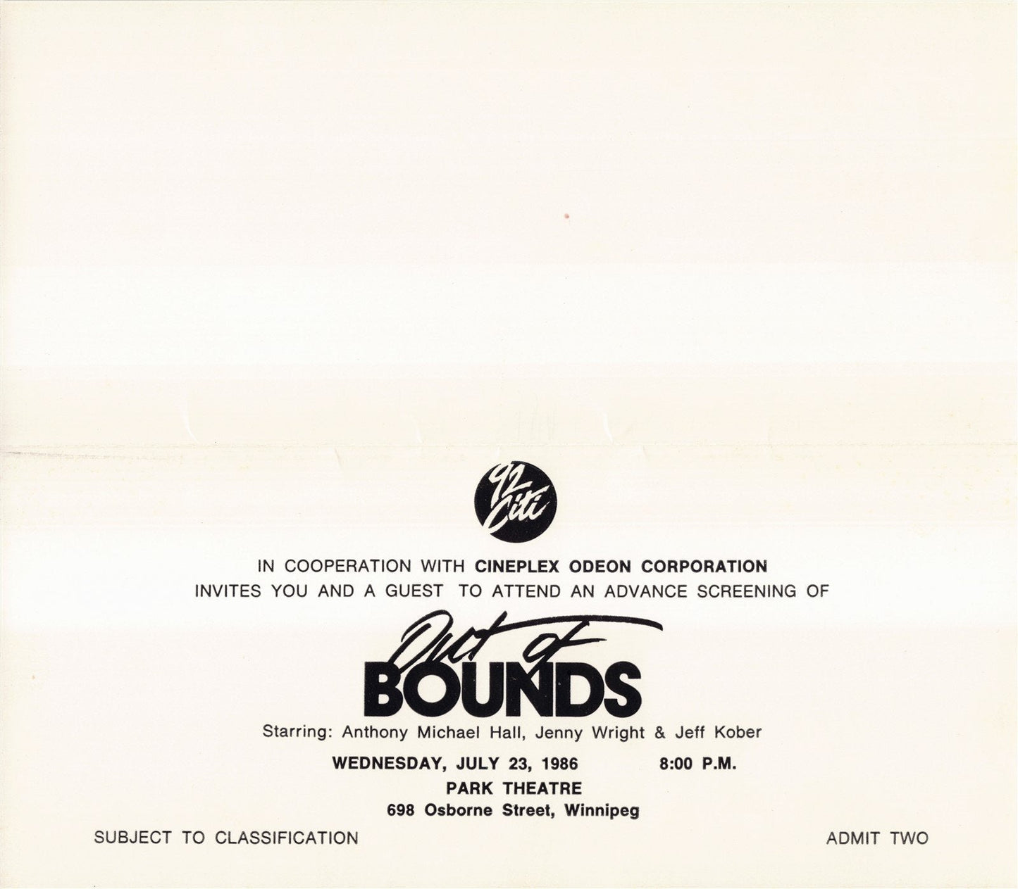 Anthony Michael Hall OUT OF BOUNDS Jenny Wright premiere ticket 1986