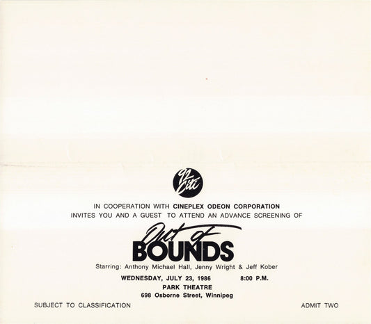 Anthony Michael Hall OUT OF BOUNDS Jenny Wright premiere ticket 1986