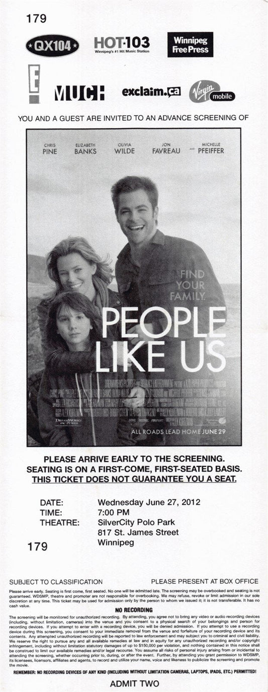 Elizabeth Banks PEOPLE LIKE US Chris Pine original premiere ticket 2012