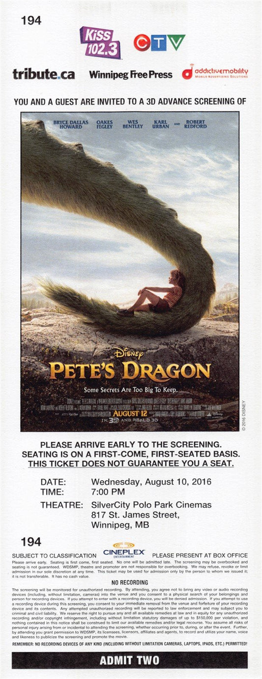 Bryce Dallas Howard PETE'S DRAGON Karl Urban premiere ticket 2016