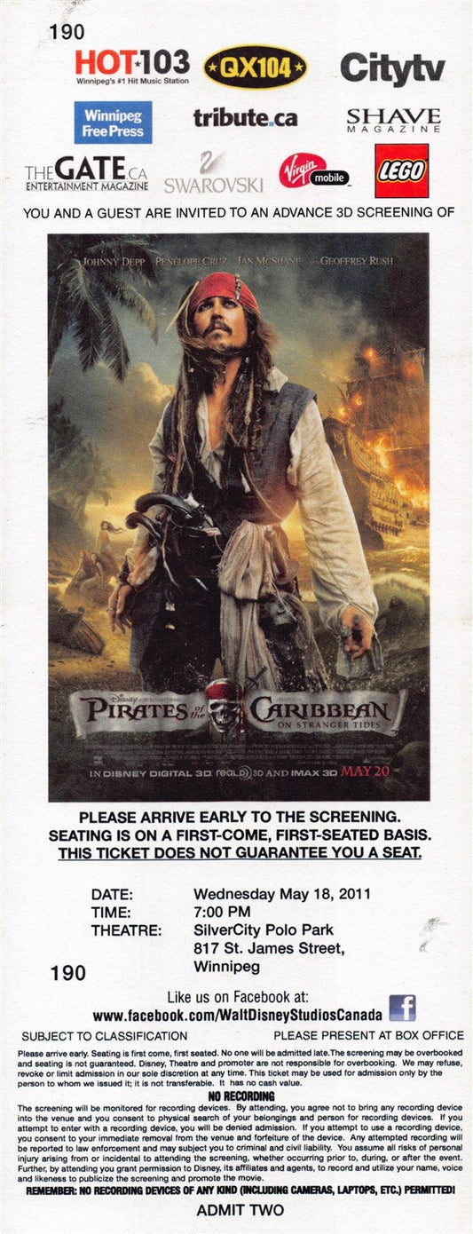 Depp PIRATES OF THE CARIBBEAN ON STRANGER TIDES original premiere ticket 2011