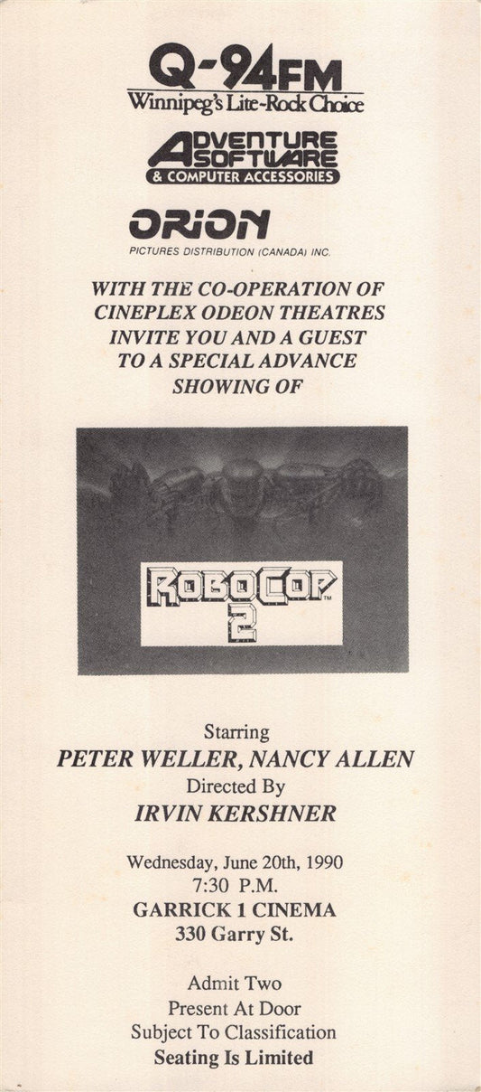 Peter Weller ROBOCOP 2 Nancy Allen premiere ticket 1990