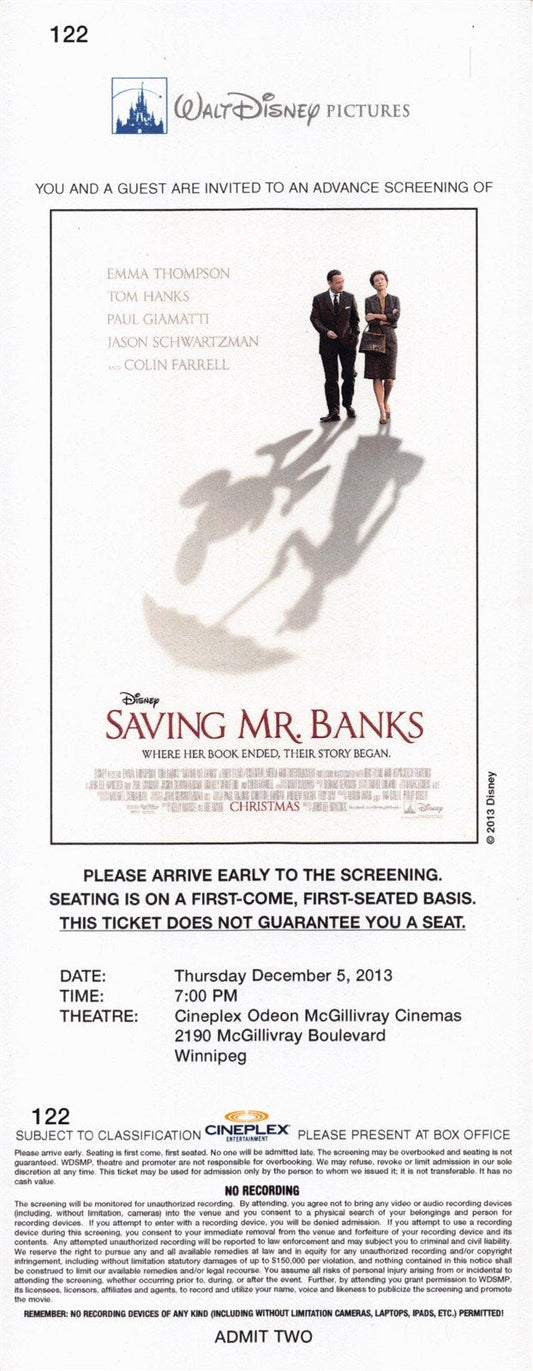 Tom Hanks SAVING MR. BANKS Emma Thompson original premiere ticket 2013