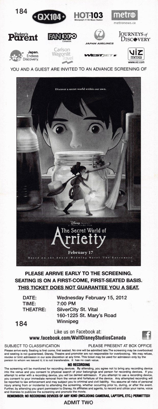 SECRET WORLD OF ARRIETTY original premiere ticket 2012