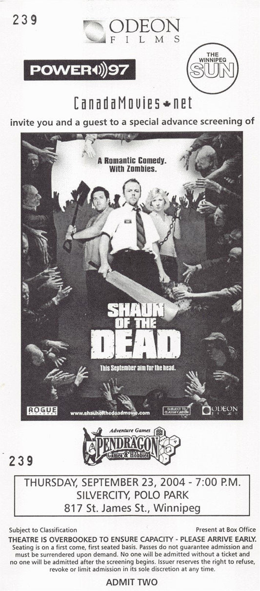 Simon Pegg SHAUN OF THE DEAD premiere ticket 2004