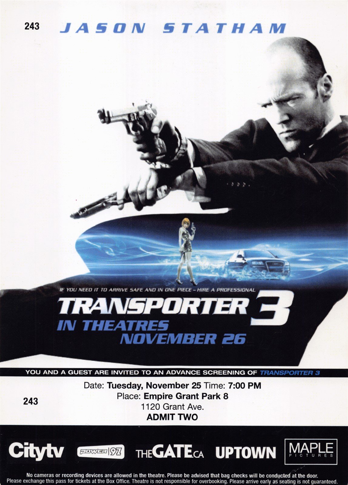 Jason Statham TRANSPORTER 3 original premiere ticket 2008