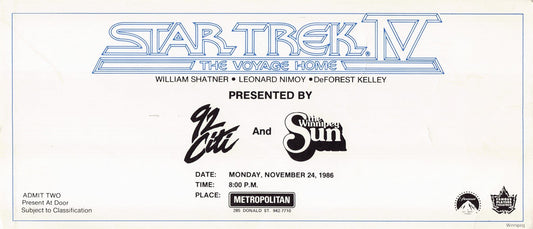 William Shatner STAR TREK IV VOYAGE HOME 1986 original premiere ticket