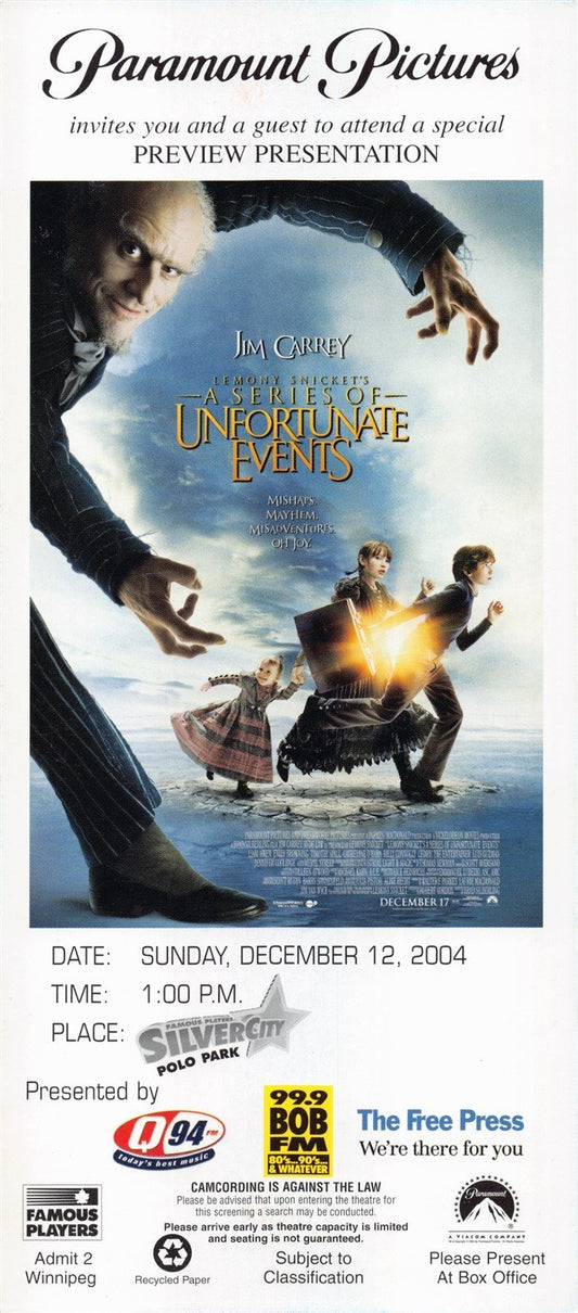 Jim Carrey A SERIES OF UNFORTUNATE EVENTS premiere ticket 2004