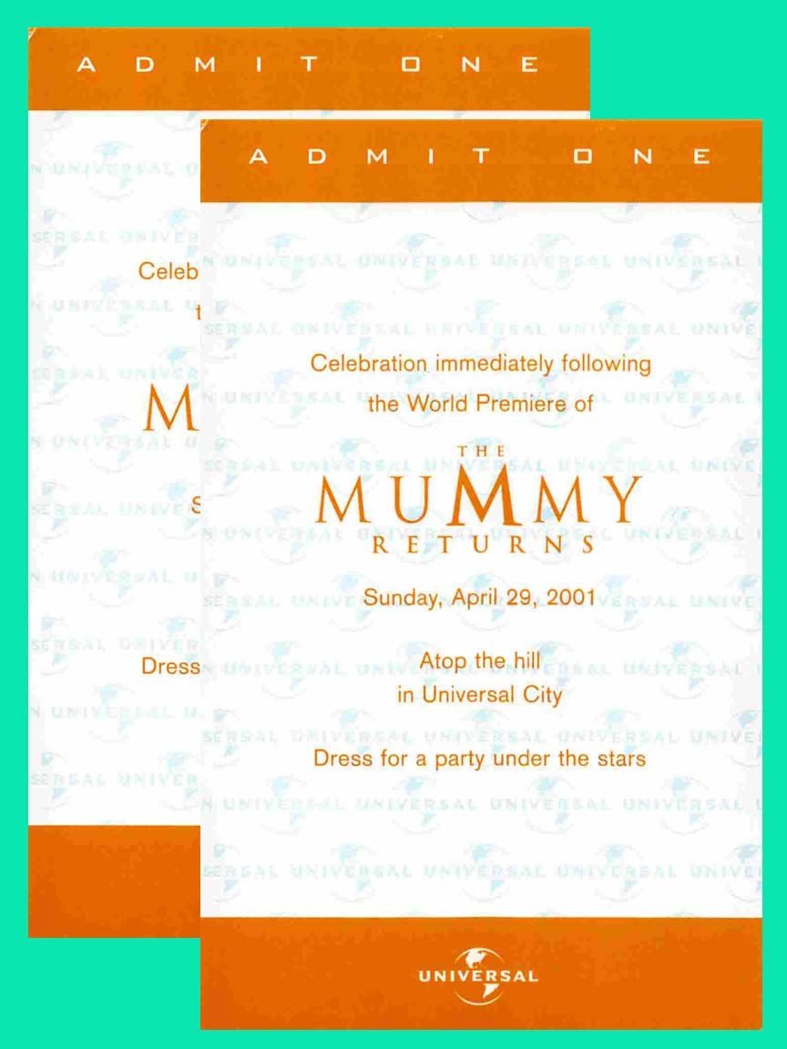 Brendan Fraser THE MUMY RETURNS Rachel Weisz World Premiere package tickets 2001