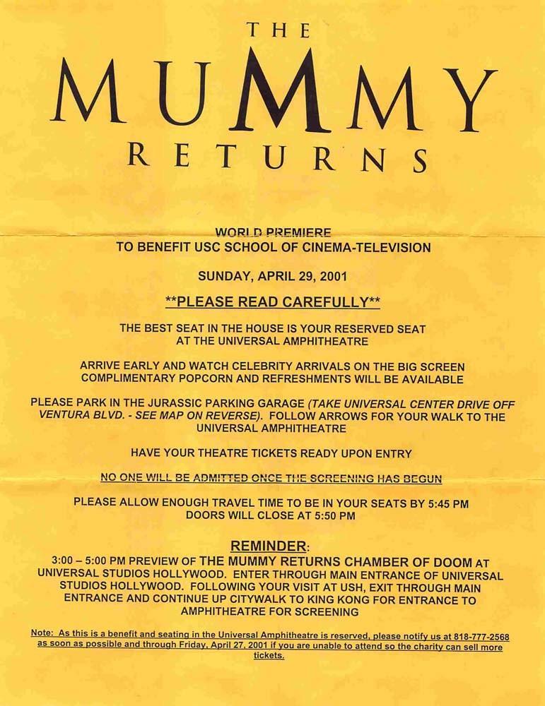 Brendan Fraser THE MUMY RETURNS Rachel Weisz World Premiere package tickets 2001