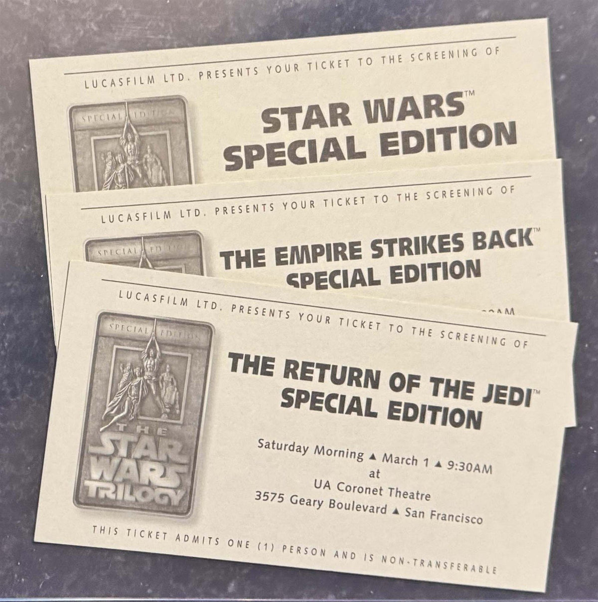Lucasfilm employee STAR WARS SPECIAL EDITION ticket set (of 3) 1997 San Francisco
