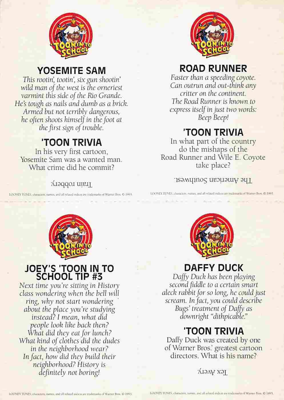 Looney Tunes TOON IN TO SCHOOL 1993 Joey Lawrence 8 promo trading cards Target