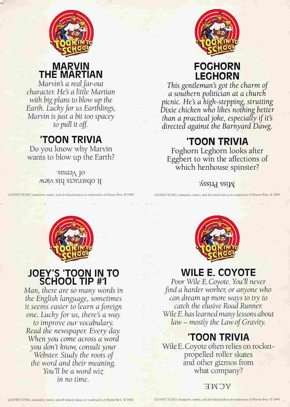 Looney Tunes TOON IN TO SCHOOL 1993 Joey Lawrence 8 promo trading cards Target