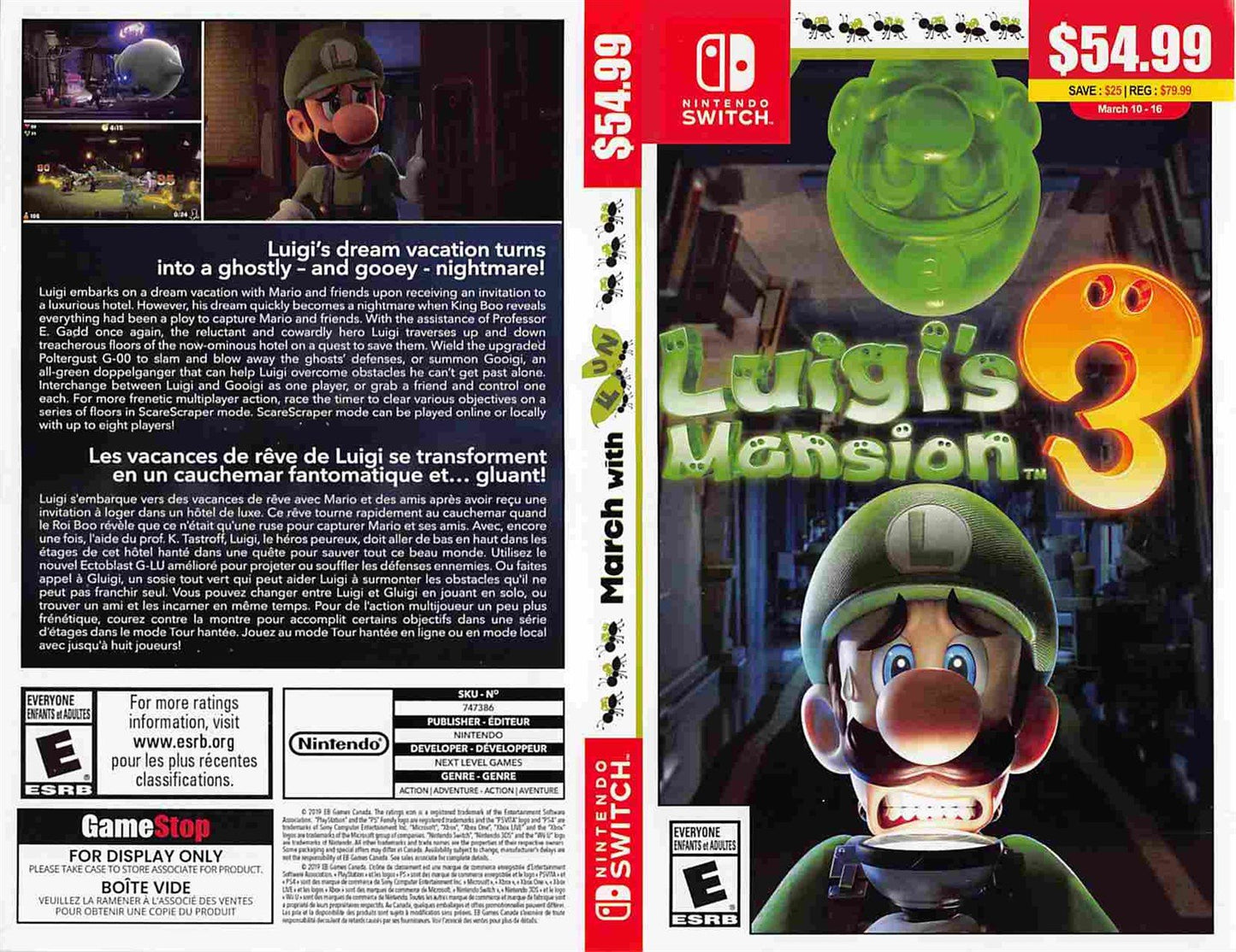 Nintendo Switch LUIGI'S MANSION 3 store display MARCH WITH FUN box art