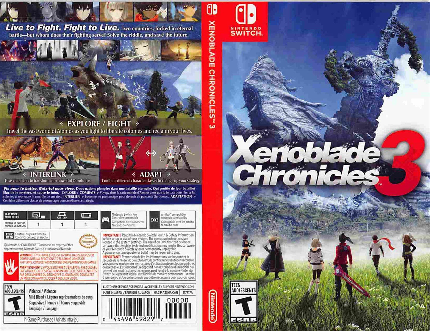 Nintendo Switch XENOBLADE CHRONICLES 3 replacement box art